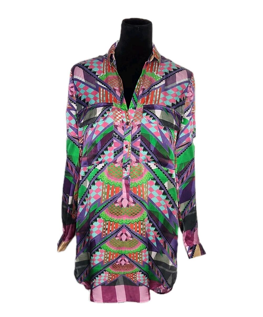 Custo Barcelona Multicolor Geometric Shirt Dress Long Sleeve Silk Blend Size 36